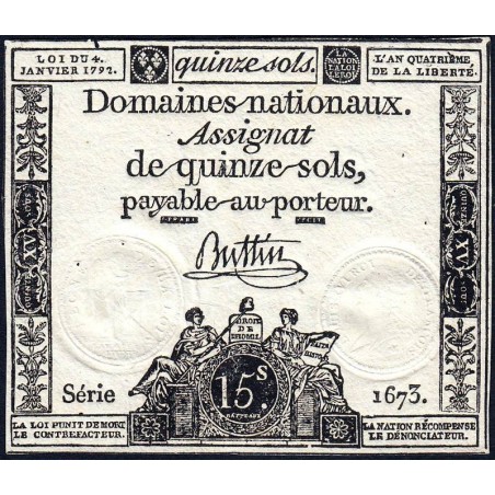 Assignat 24a - 15 sols - 4 janvier 1792 - Série 1673 - Etat : SUP