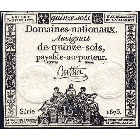 Assignat 24a - 15 sols - 4 janvier 1792 - Série 1673 - Etat : TTB+