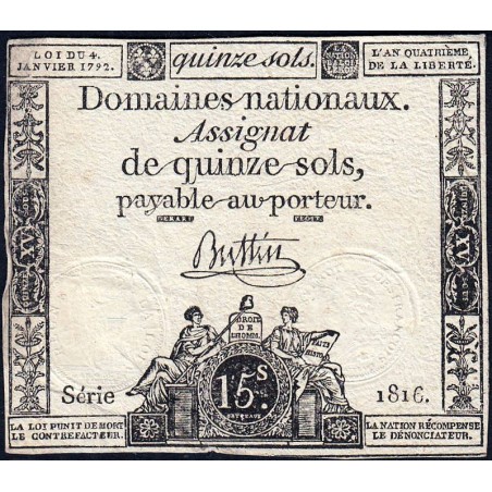 Assignat 24a - 15 sols - 4 janvier 1792 - Série 1816 - Etat : TB+