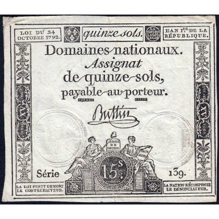 Assignat 35a - 15 sols - 24 octobre 1792 - Série 139 - Etat : TTB+