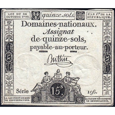 Assignat 35a - 15 sols - 24 octobre 1792 - Série 196 - Etat : TTB