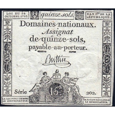 Assignat 35a - 15 sols - 24 octobre 1792 - Série 202 - Etat : TB+