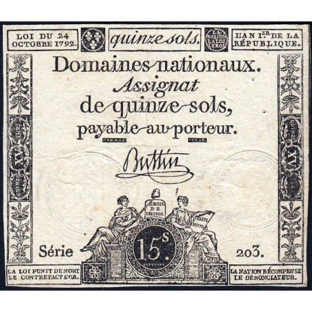 Assignat 35a - 15 sols - 24 octobre 1792 - Série 203 - Etat : TB+