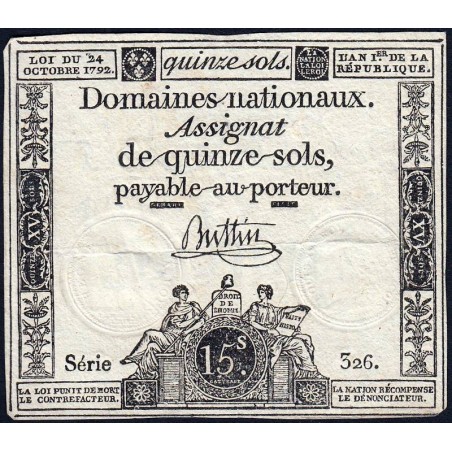 Assignat 35a - 15 sols - 24 octobre 1792 - Série 326 - Etat : TTB