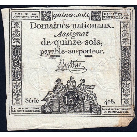 Assignat 35a - 15 sols - 24 octobre 1792 - Série 408 - Etat : TB