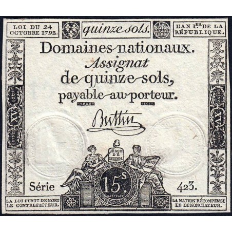 Assignat 35a - 15 sols - 24 octobre 1792 - Série 423 - Etat : TTB+