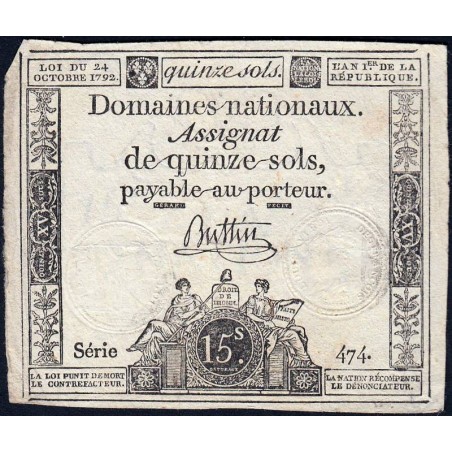 Assignat 35a - 15 sols - 24 octobre 1792 - Série 474 - Etat : TB+