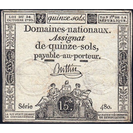 Assignat 35a - 15 sols - 24 octobre 1792 - Série 480 - Etat : TB