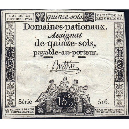 Assignat 35a - 15 sols - 24 octobre 1792 - Série 516 - Etat : TB+