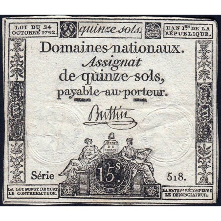 Assignat 35a - 15 sols - 24 octobre 1792 - Série 518 - Etat : TB+