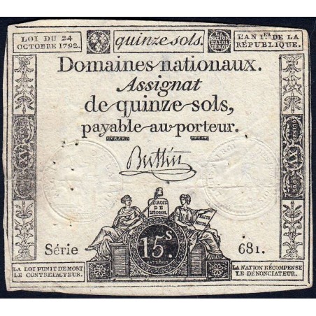 Assignat 35a - 15 sols - 24 octobre 1792 - Série 681 - Etat : TB