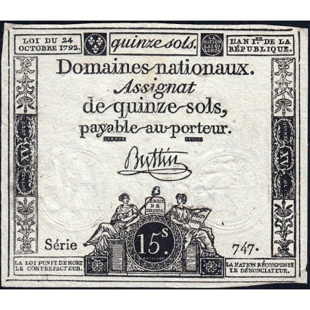 Assignat 35a - 15 sols - 24 octobre 1792 - Série 747 - Etat : TTB+