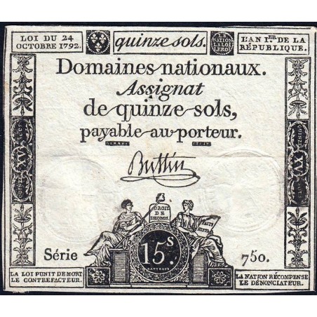 Assignat 35a - 15 sols - 24 octobre 1792 - Série 750 - Etat : TTB