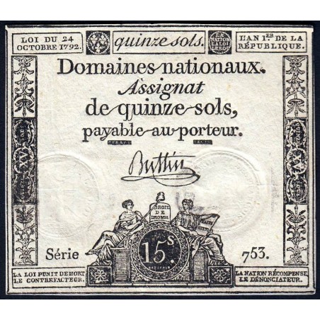 Assignat 35a - 15 sols - 24 octobre 1792 - Série 753 - Etat : TTB+