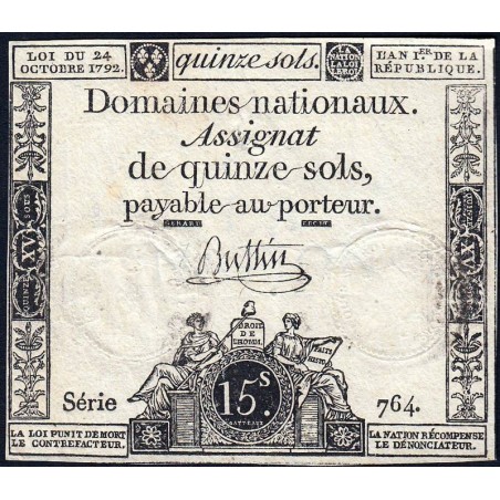 Assignat 35a - 15 sols - 24 octobre 1792 - Série 764 - Etat : TB+