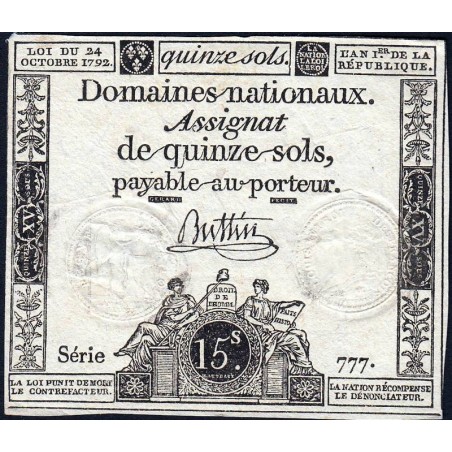 Assignat 35a - 15 sols - 24 octobre 1792 - Série 777 - Etat : TTB+