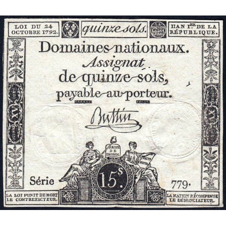 Assignat 35a - 15 sols - 24 octobre 1792 - Série 779 - Etat : TB+