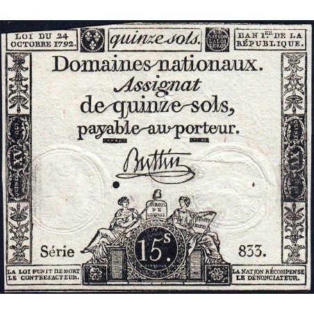 Assignat 35a - 15 sols - 24 octobre 1792 - Série 833 - Etat : TB