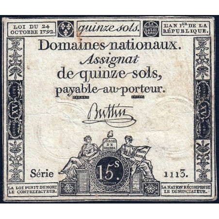 Assignat 35a - 15 sols - 24 octobre 1792 - Série 1113 - Etat : TB-