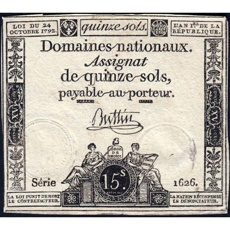 Assignat 35a - 15 sols - 24 octobre 1792 - Série 1626 - Etat : TB+