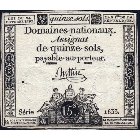 Assignat 35a - 15 sols - 24 octobre 1792 - Série 1633 - Etat : TB+