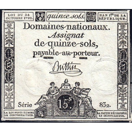 Assignat 35a - 15 sols - 24 octobre 1792 - Série 832 - Etat : SUP