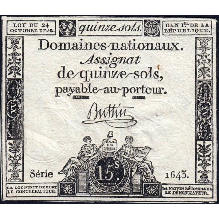 Assignat 35a - 15 sols - 24 octobre 1792 - Série 1643 - Etat : TTB