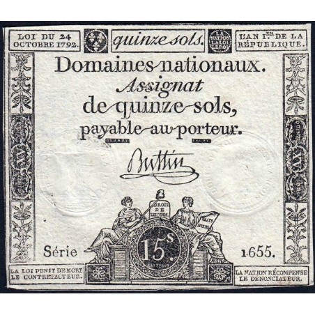 Assignat 35a - 15 sols - 24 octobre 1792 - Série 1655 - Etat : TTB+