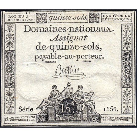 Assignat 35a - 15 sols - 24 octobre 1792 - Série 1656 - Etat : TTB