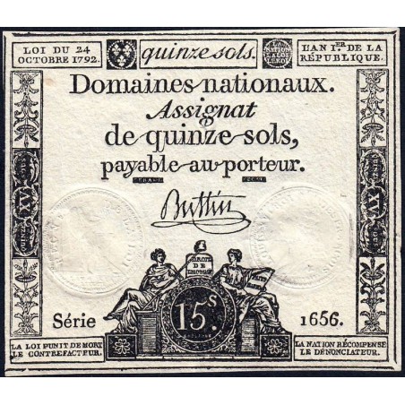 Assignat 35a - 15 sols - 24 octobre 1792 - Série 1656 - Etat : TTB