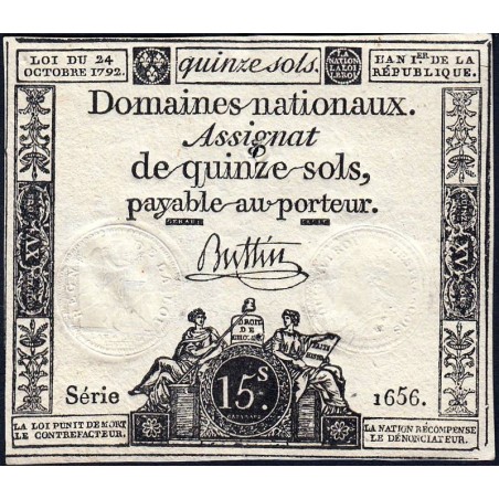 Assignat 35a - 15 sols - 24 octobre 1792 - Série 1656 - Etat : TTB