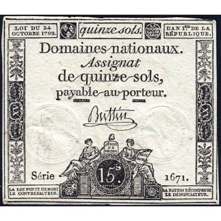 Assignat 35a - 15 sols - 24 octobre 1792 - Série 1671 - Etat : TTB