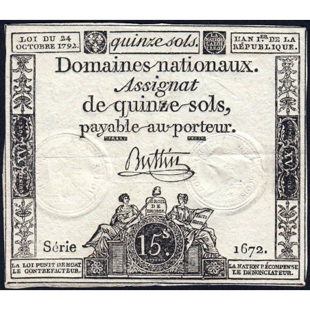 Assignat 35a - 15 sols - 24 octobre 1792 - Série 1672 - Etat : TTB+