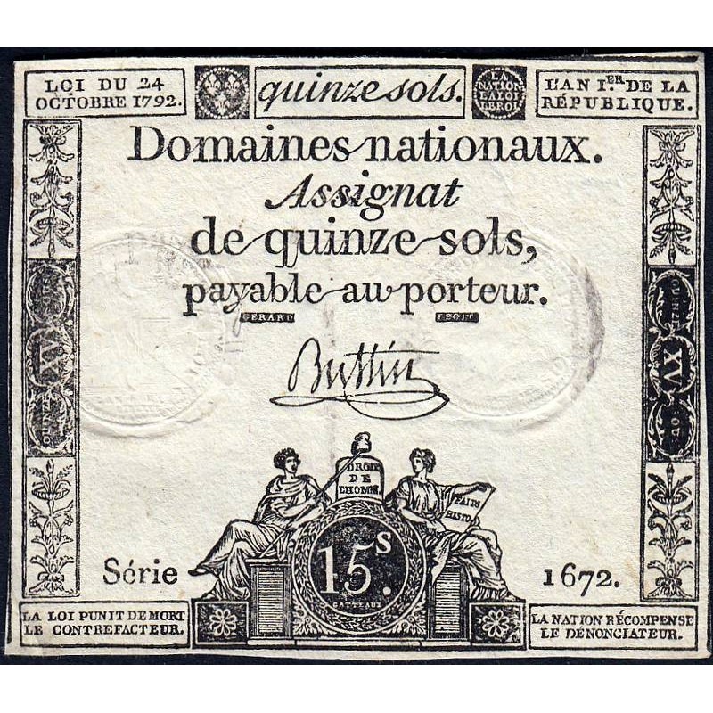 Assignat 35a - 15 sols - 24 octobre 1792 - Série 1672 - Etat : TB+