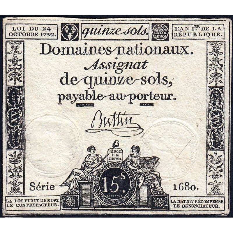 Assignat 35a - 15 sols - 24 octobre 1792 - Série 1680 - Etat : TB+