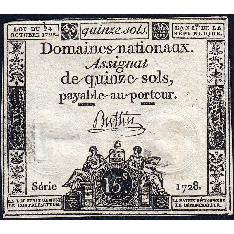 Assignat 35a - 15 sols - 24 octobre 1792 - Série 1728 - Etat : TTB