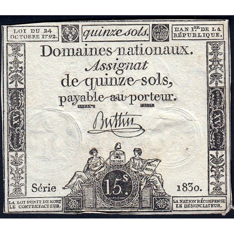 Assignat 35a - 15 sols - 24 octobre 1792 - Série 1830 - Etat : TB+