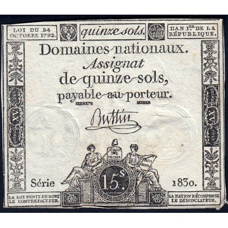 Assignat 35a - 15 sols - 24 octobre 1792 - Série 1830 - Etat : TB+