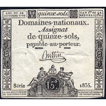 Assignat 35a - 15 sols - 24 octobre 1792 - Série 1835 - Etat : TTB+