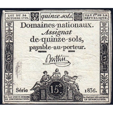 Assignat 35a - 15 sols - 24 octobre 1792 - Série 1836 - Etat : TB+