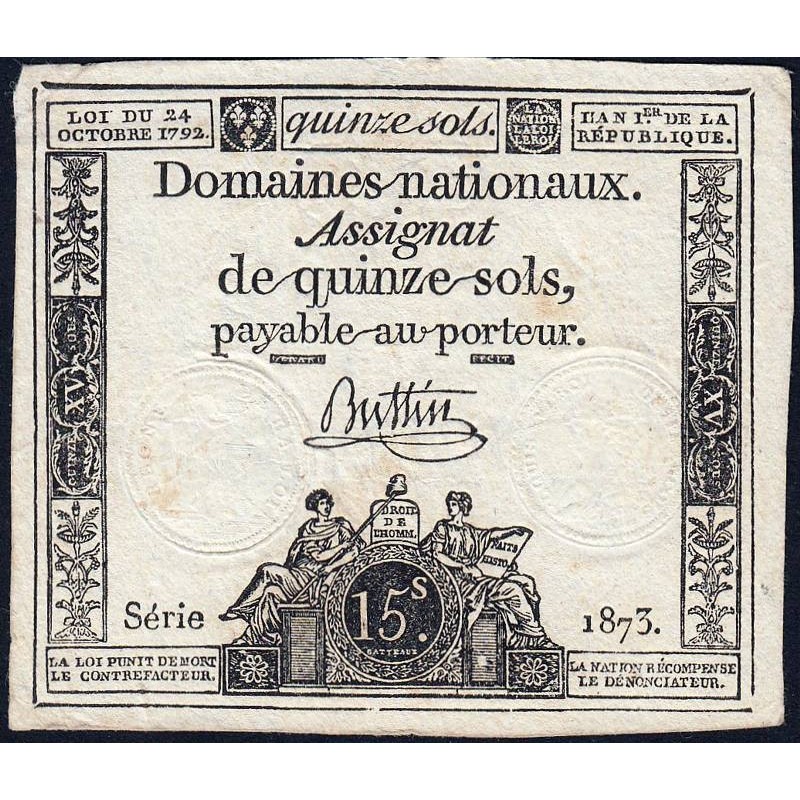 Assignat 35a - 15 sols - 24 octobre 1792 - Série 1873 - Etat : TB+