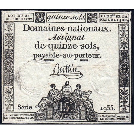 Assignat 35a - 15 sols - 24 octobre 1792 - Série 1935 - Etat : TB+