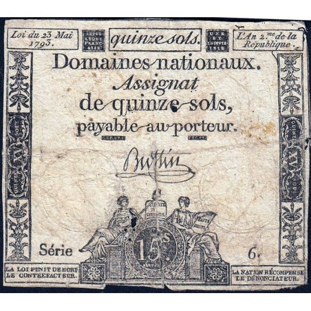 Assignat 41a - 15 sols - 23 mai 1793 - Série 6 - Filigrane royal - Etat : B-