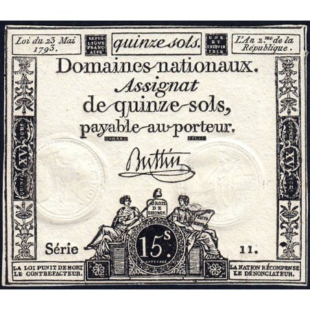 Assignat 41a - 15 sols - 23 mai 1793 - Série 11 - Filigrane royal - Etat : NEUF