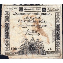 Assignat 41a - 15 sols - 23 mai 1793 - Série 15 - Filigrane royal - Etat : B-