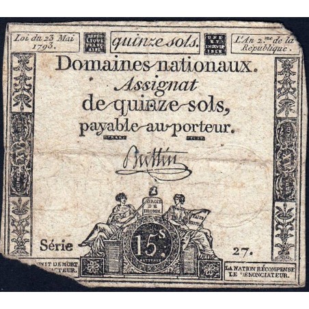 Assignat 41a - 15 sols - 23 mai 1793 - Série 27 - Filigrane royal - Etat : AB