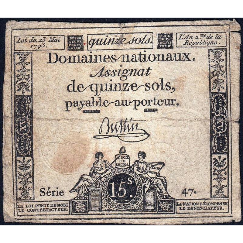 Assignat 41a - 15 sols - 23 mai 1793 - Série 47 - Filigrane royal - Etat : B