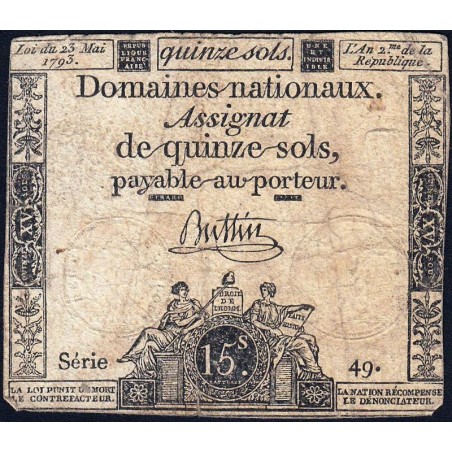 Assignat 41a - 15 sols - 23 mai 1793 - Série 49 - Filigrane royal - Etat : B-