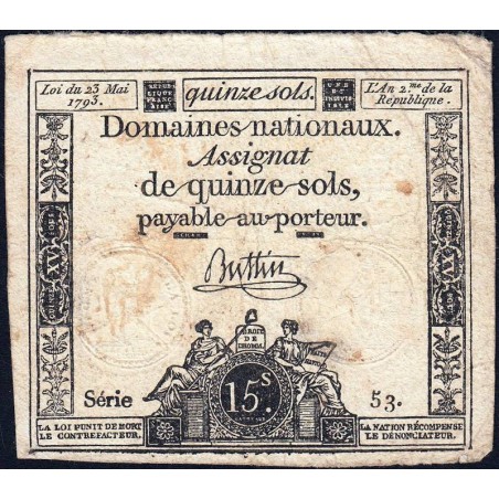 Assignat 41a - 15 sols - 23 mai 1793 - Série 53 - Filigrane royal - Etat : TB-