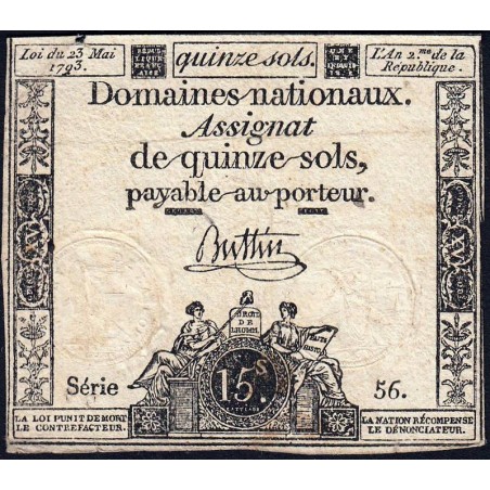 Assignat 41b - 15 sols - 23 mai 1793 - Série 56 - Filigrane républicain - Etat : TB